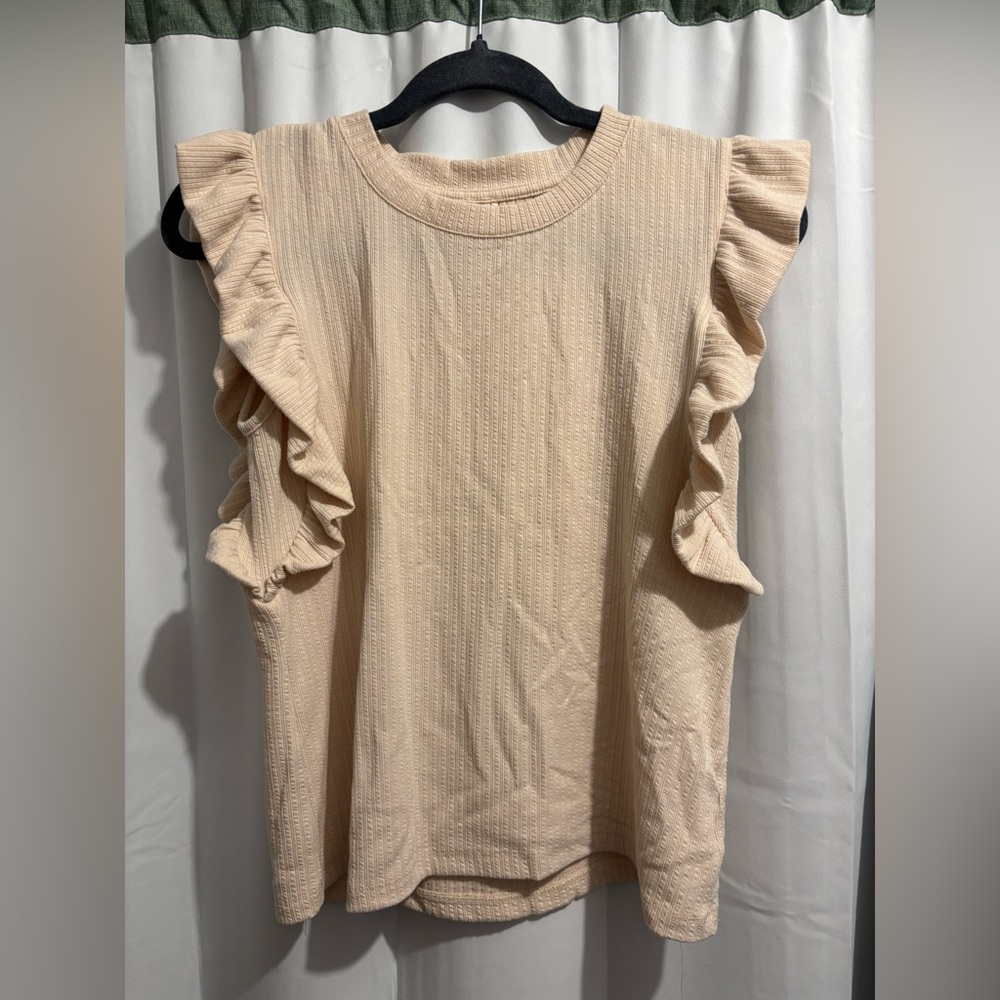 Hayden Tan Ribbed Sleeveless Blouse with Ruffles